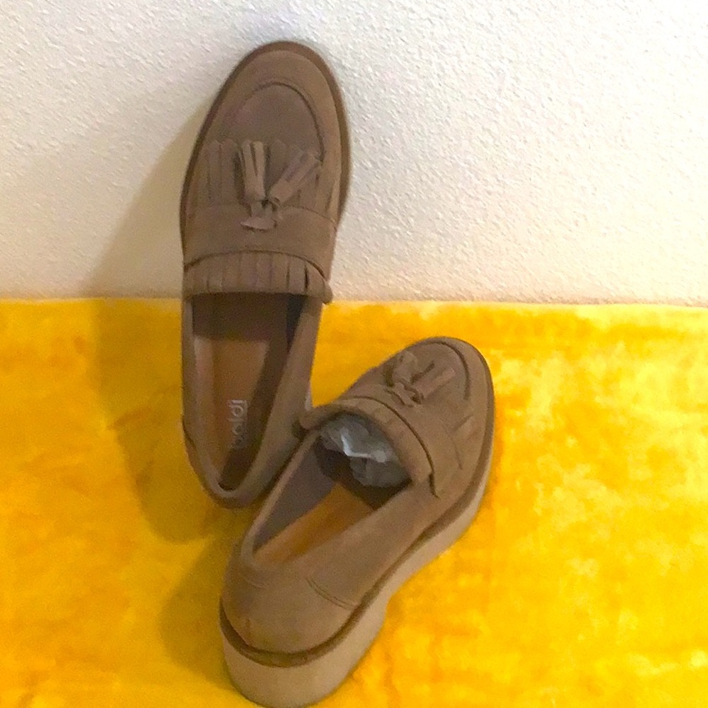 EUC BALDI “Zara” Suede Fringe & Tassel Slip On Platform Loafer Shoes Brown
